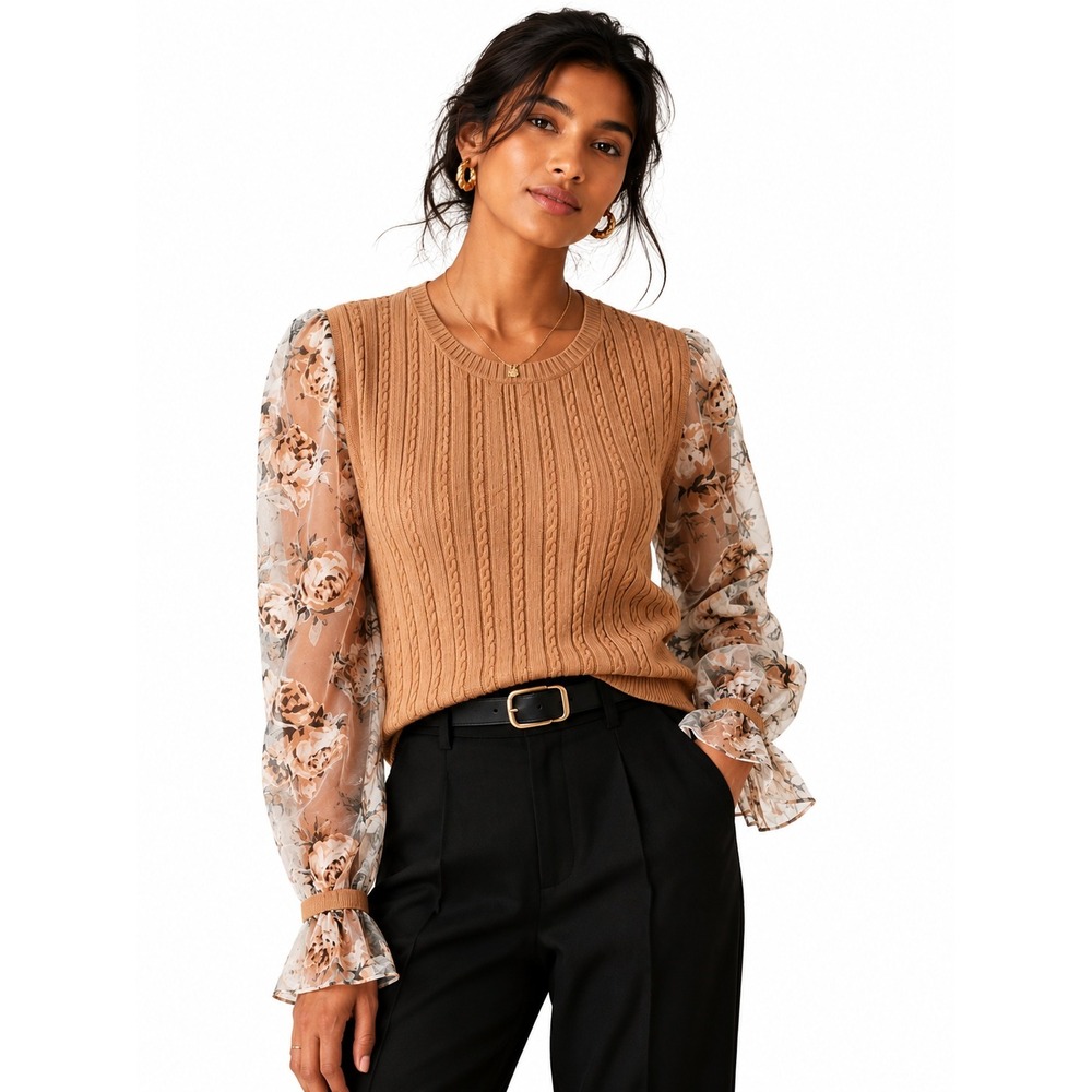 Maeve Anthropologie Women's Mixed Media Sweater XL Tan Floral Sheer Sleeve Shirt